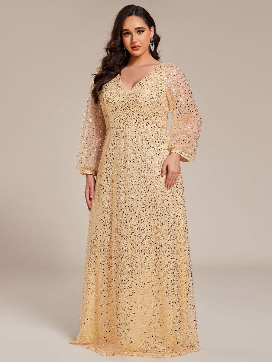 ever RAYVEN|V-Neck Lantern Long Sleeve Sequin A-Line Evening Dress - Image 70