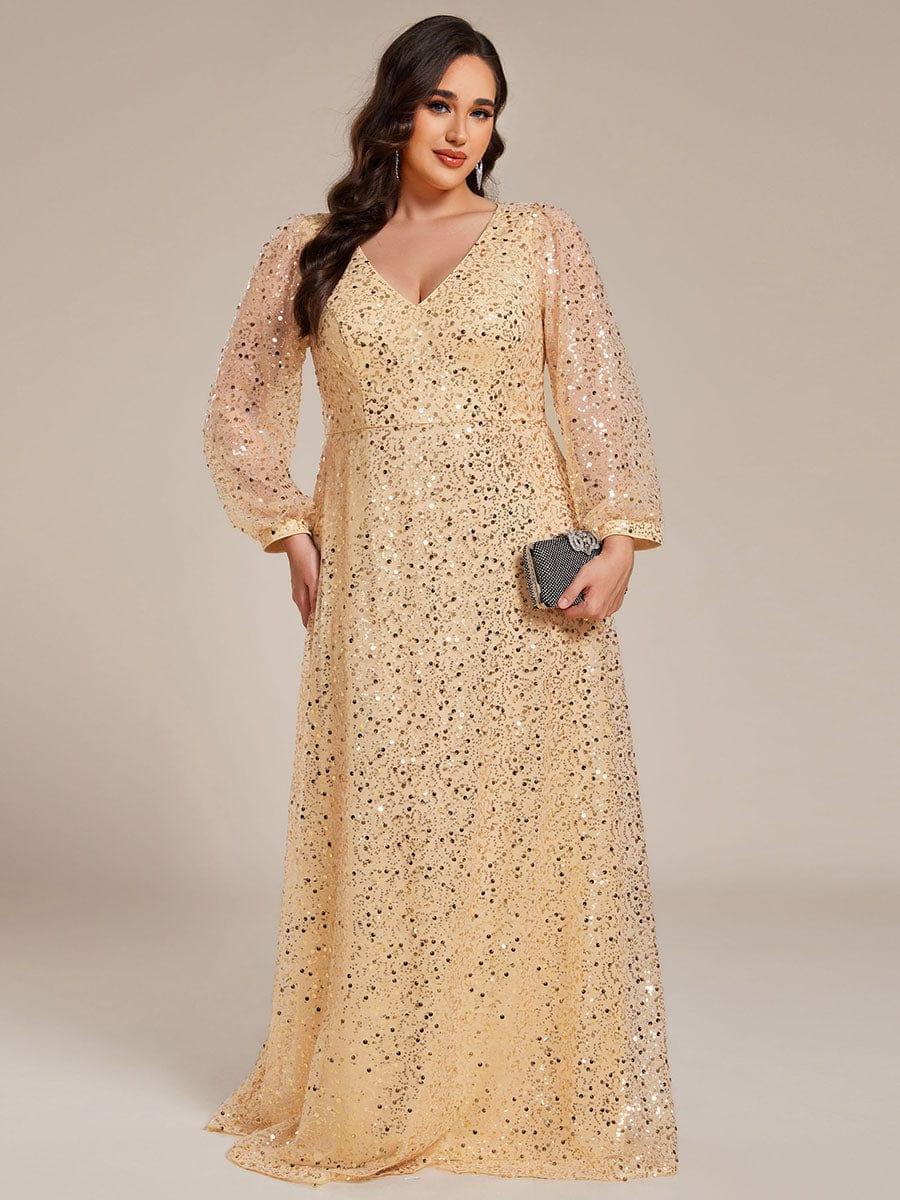 ever RAYVEN|V-Neck Lantern Long Sleeve Sequin A-Line Evening Dress - Image 71