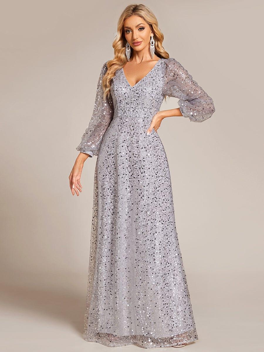 ever RAYVEN|V-Neck Lantern Long Sleeve Sequin A-Line Evening Dress - Image 73