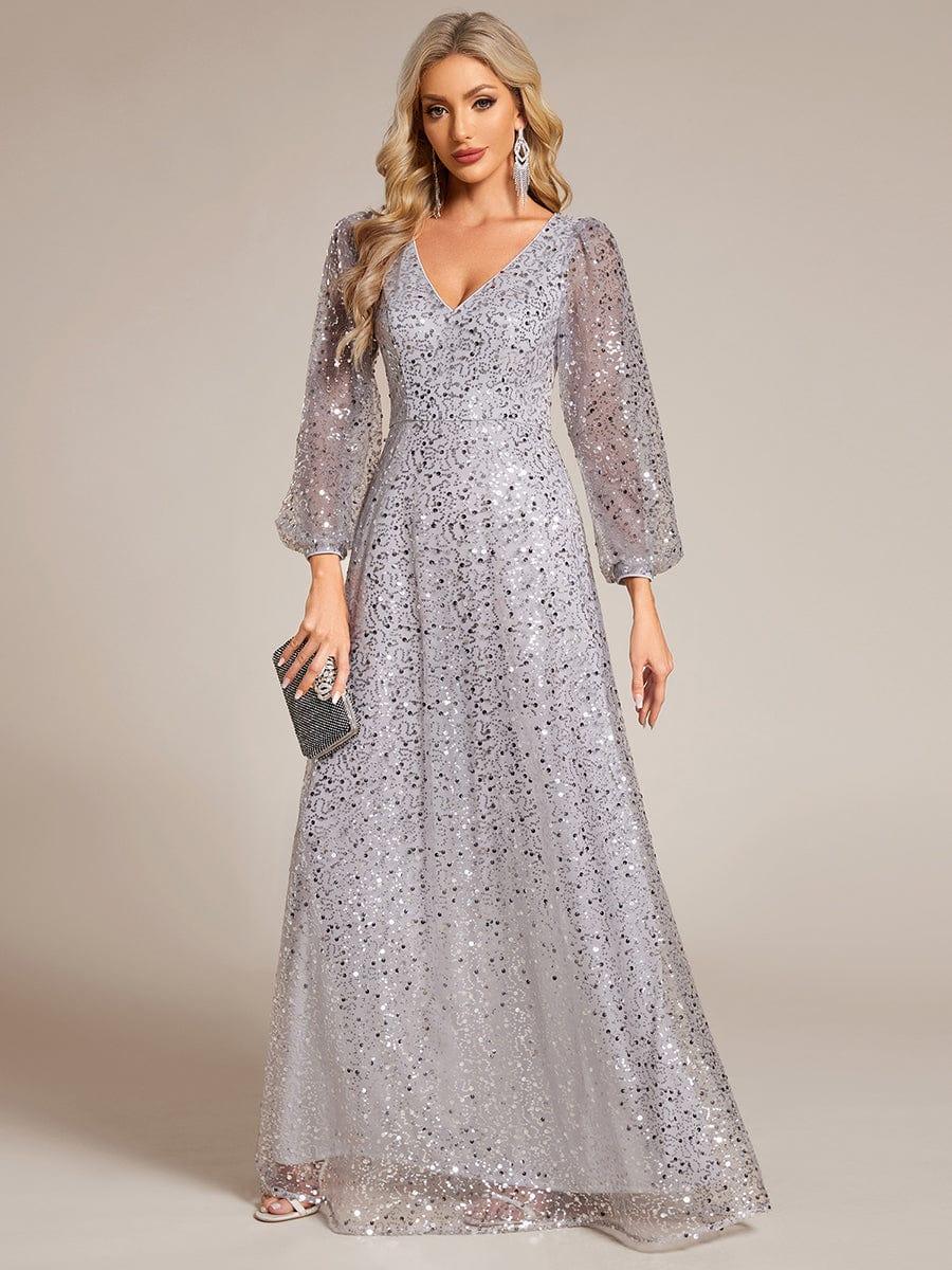 ever RAYVEN|V-Neck Lantern Long Sleeve Sequin A-Line Evening Dress - Image 76