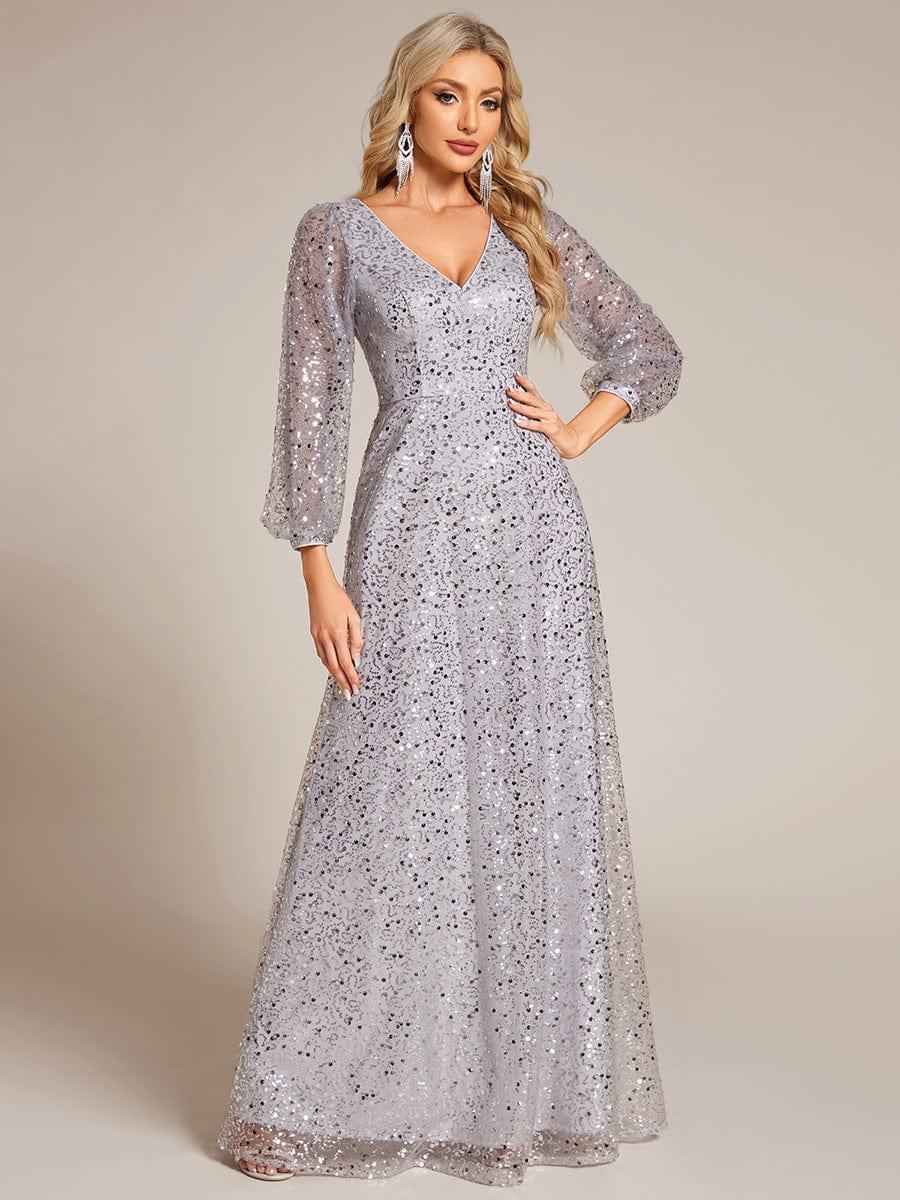 ever RAYVEN|V-Neck Lantern Long Sleeve Sequin A-Line Evening Dress - Image 77