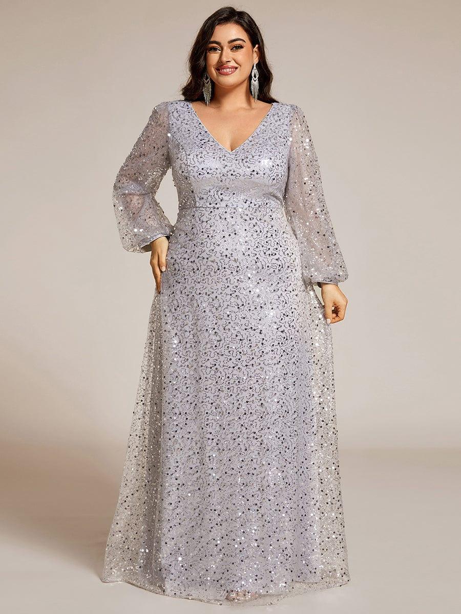 ever RAYVEN|V-Neck Lantern Long Sleeve Sequin A-Line Evening Dress - Image 78