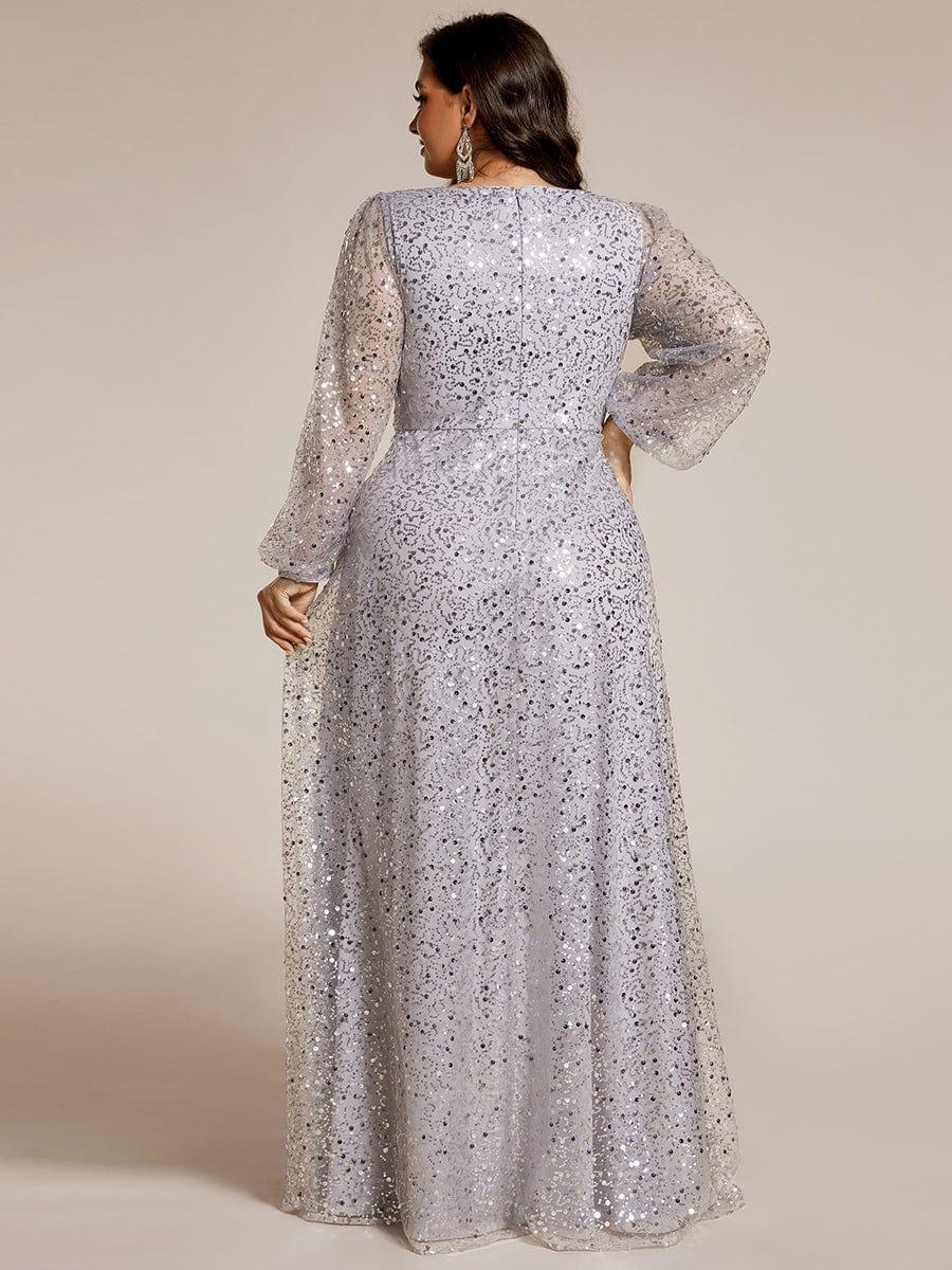 ever RAYVEN|V-Neck Lantern Long Sleeve Sequin A-Line Evening Dress - Image 79