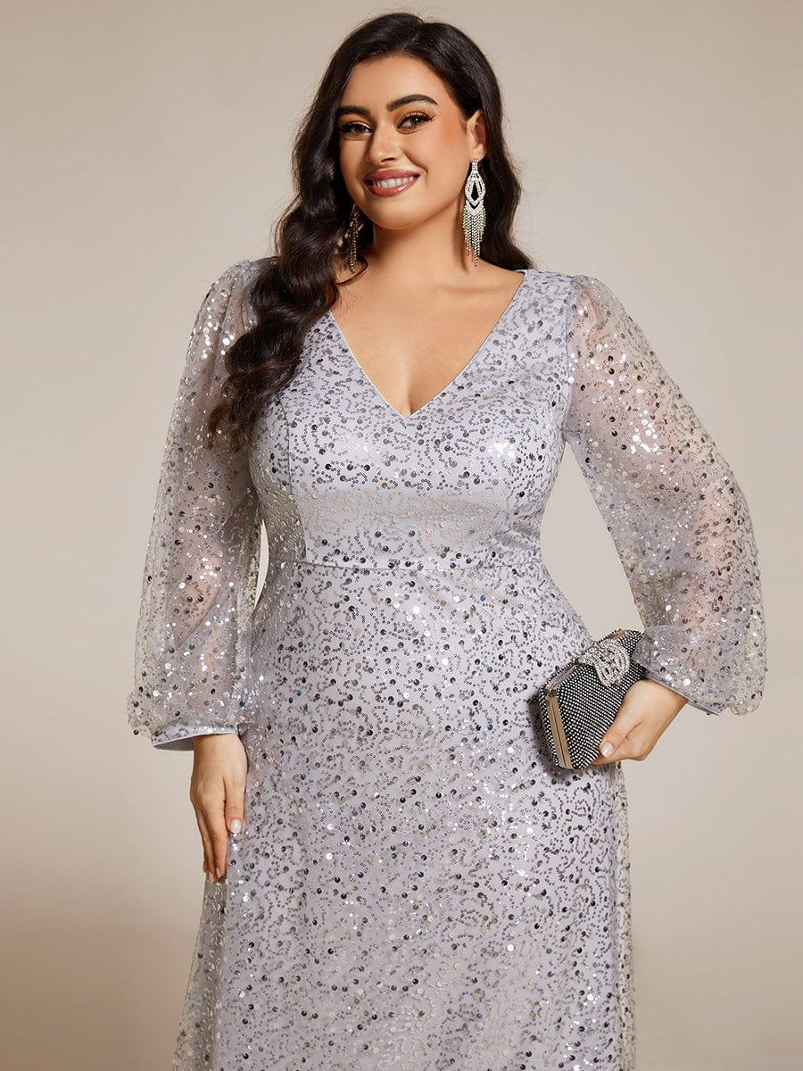 ever RAYVEN|V-Neck Lantern Long Sleeve Sequin A-Line Evening Dress - Image 80