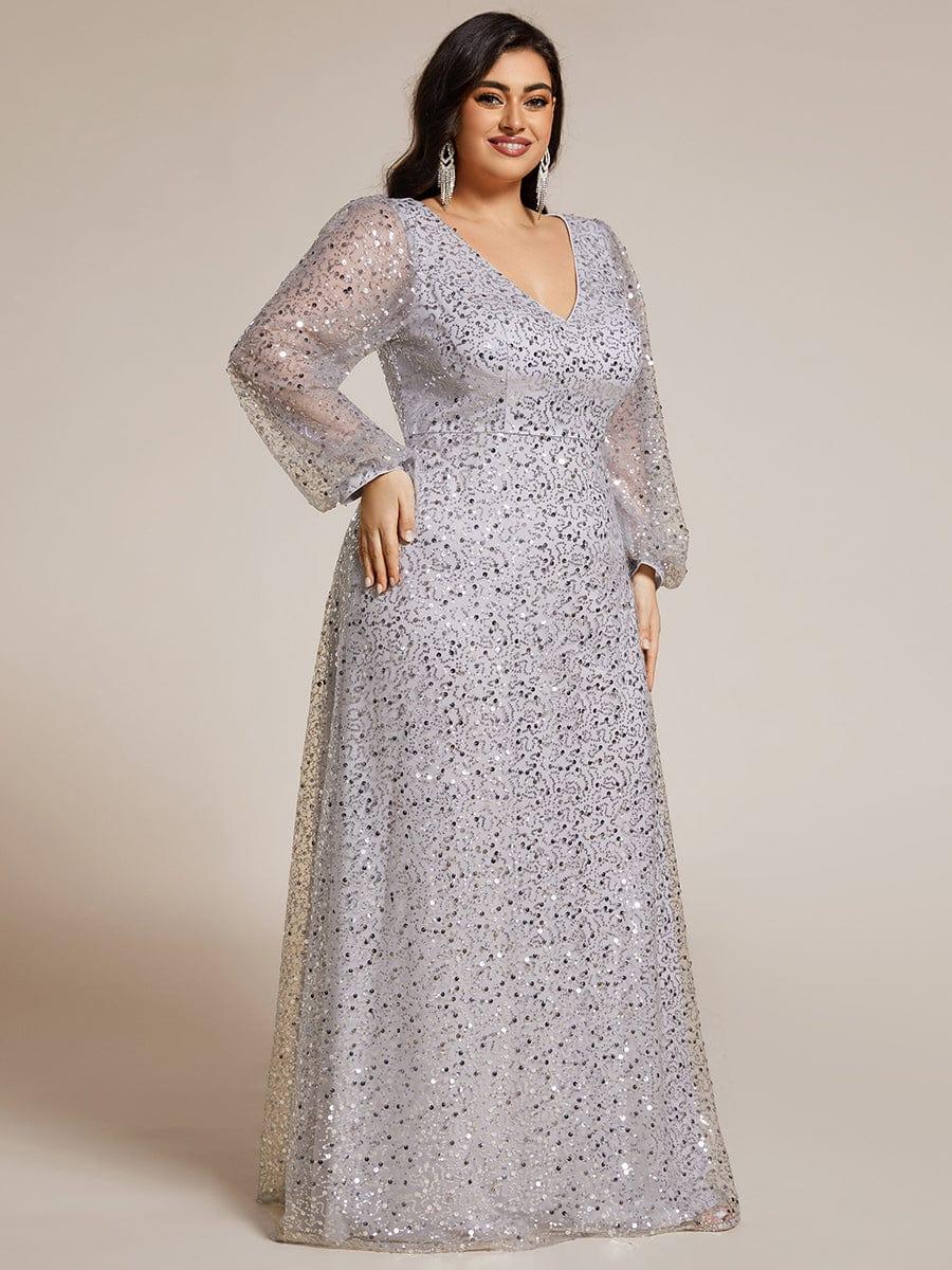 ever RAYVEN|V-Neck Lantern Long Sleeve Sequin A-Line Evening Dress - Image 81