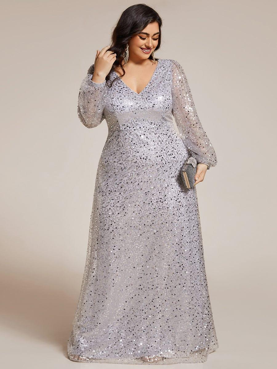 ever RAYVEN|V-Neck Lantern Long Sleeve Sequin A-Line Evening Dress - Image 82
