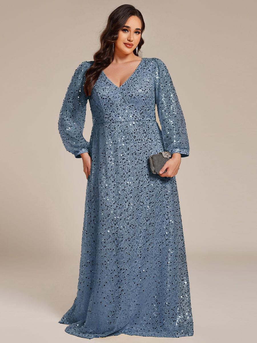 ever RAYVEN|V-Neck Lantern Long Sleeve Sequin A-Line Evening Dress - Image 83