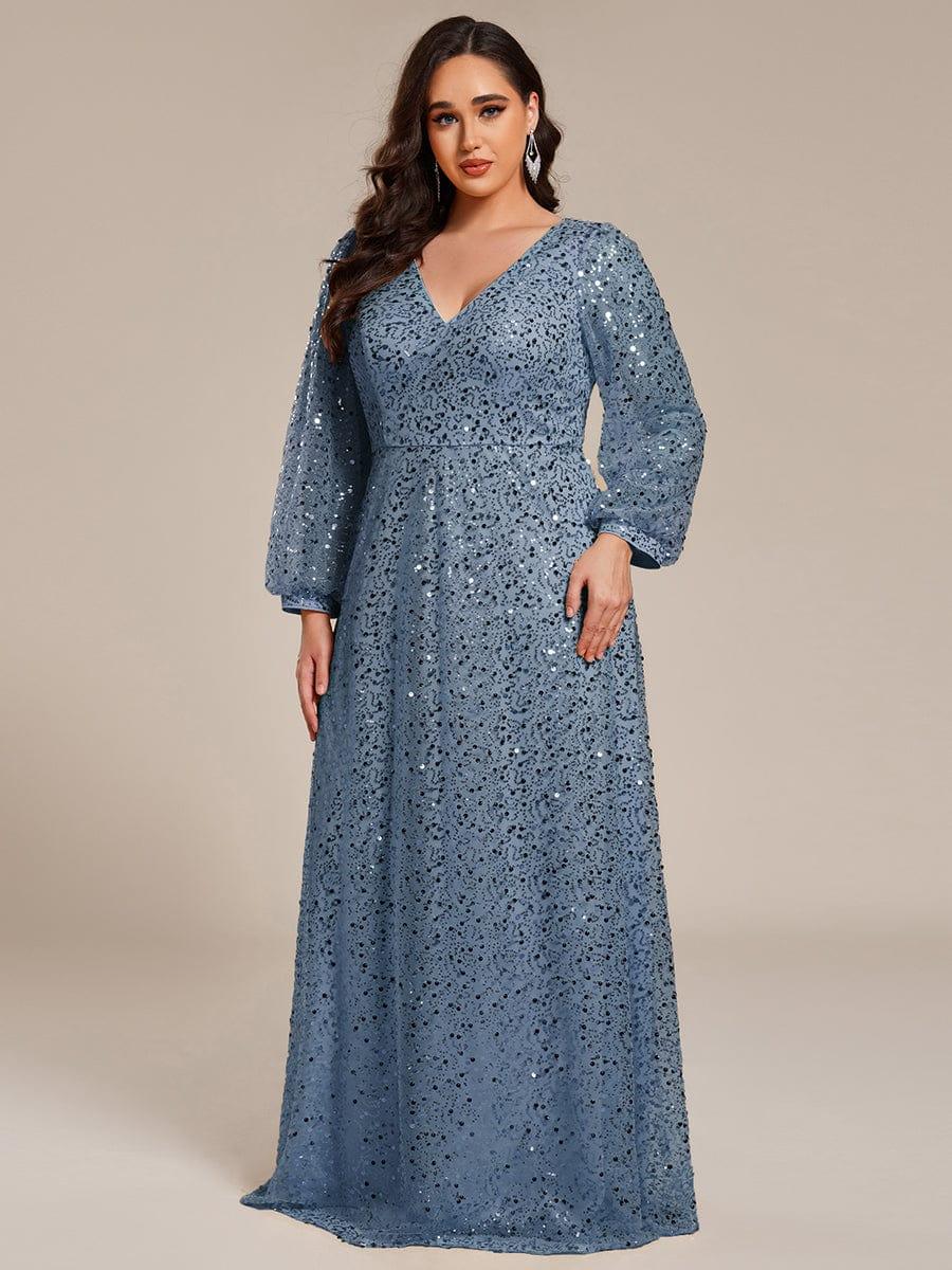 ever RAYVEN|V-Neck Lantern Long Sleeve Sequin A-Line Evening Dress - Image 86