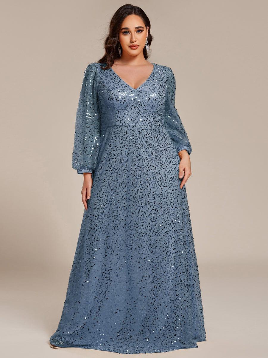 ever RAYVEN|V-Neck Lantern Long Sleeve Sequin A-Line Evening Dress - Image 87