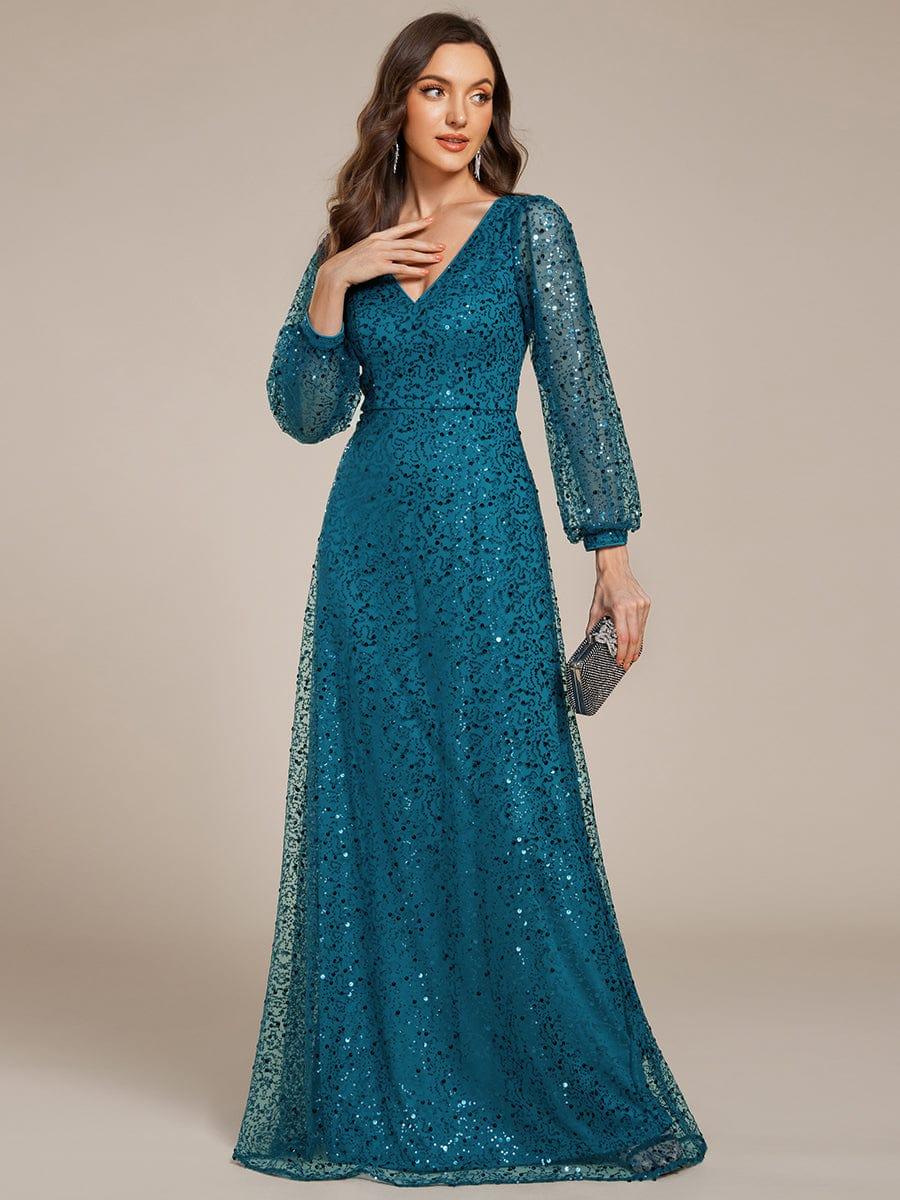 ever RAYVEN|V-Neck Lantern Long Sleeve Sequin A-Line Evening Dress - Image 88