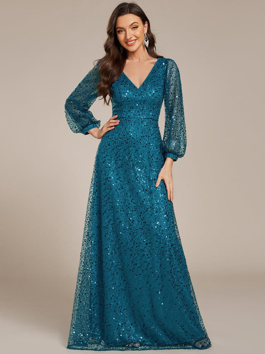 ever RAYVEN|V-Neck Lantern Long Sleeve Sequin A-Line Evening Dress - Image 91