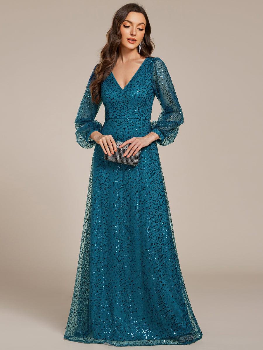 ever RAYVEN|V-Neck Lantern Long Sleeve Sequin A-Line Evening Dress - Image 92