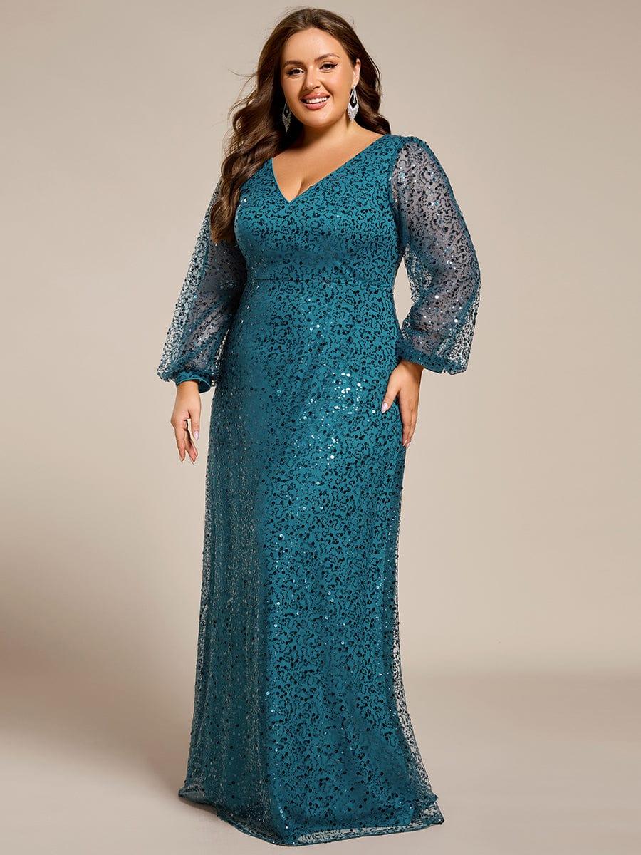ever RAYVEN|V-Neck Lantern Long Sleeve Sequin A-Line Evening Dress - Image 96