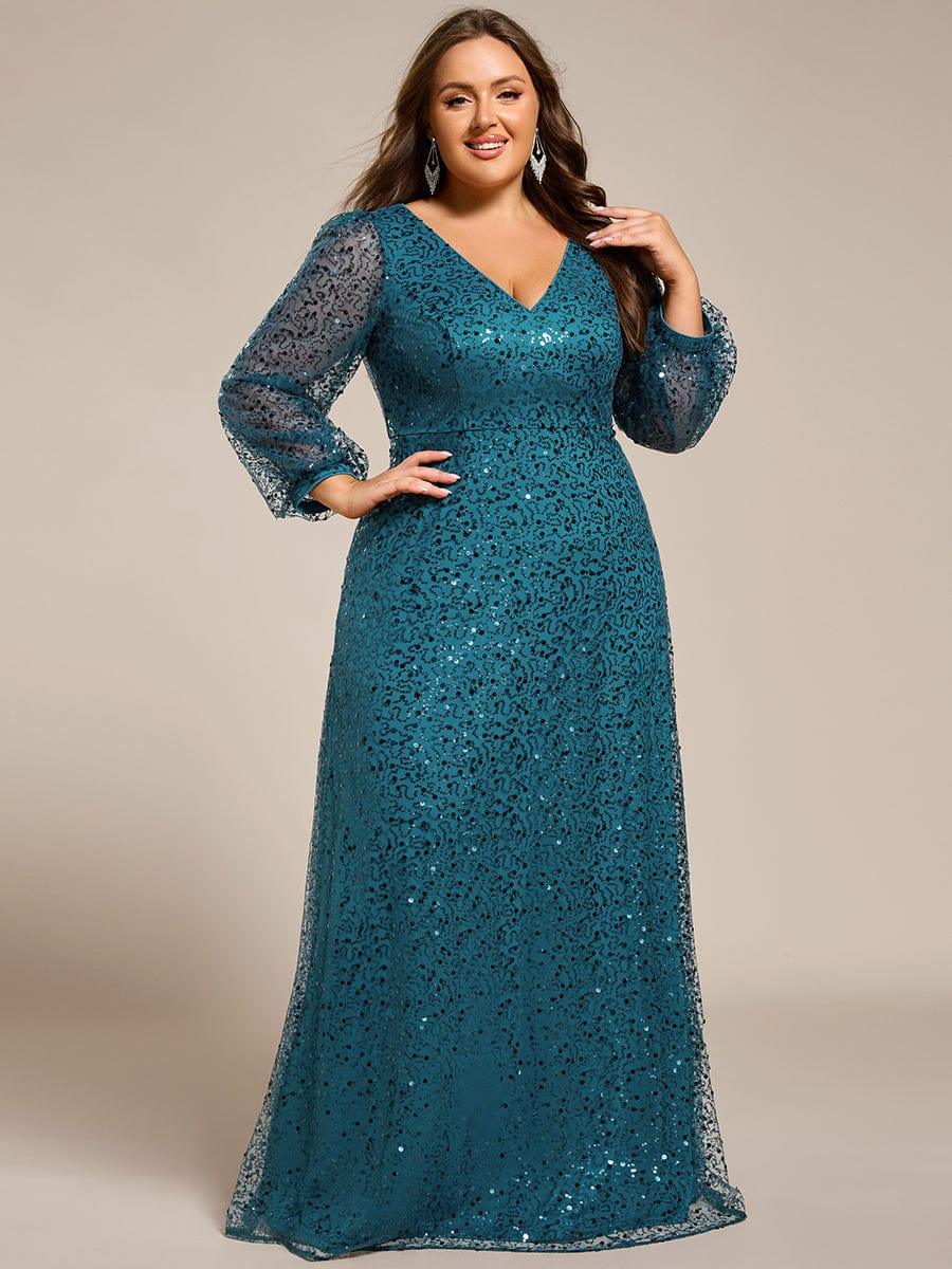 ever RAYVEN|V-Neck Lantern Long Sleeve Sequin A-Line Evening Dress - Image 97