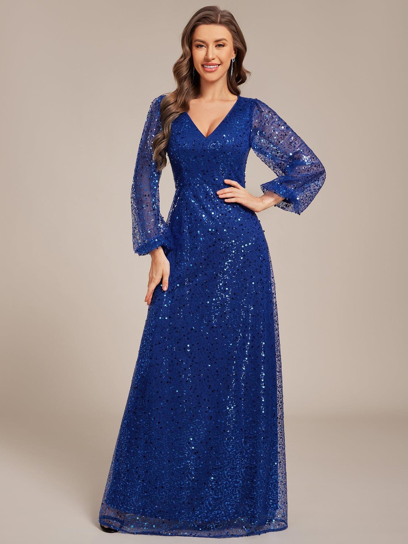 ever RAYVEN|V-Neck Lantern Long Sleeve Sequin A-Line Evening Dress - Image 98