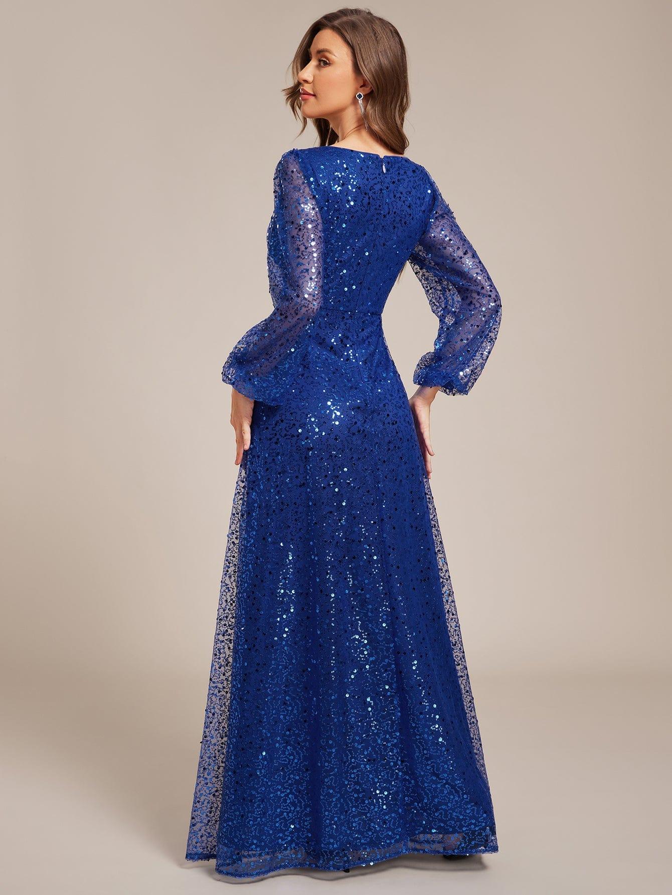 ever RAYVEN|V-Neck Lantern Long Sleeve Sequin A-Line Evening Dress - Image 99