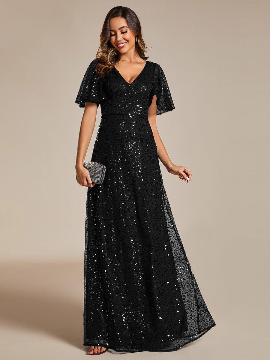 ever ARIA|V-Neck Sequined A-Line Evening Dresses with Ruffles Sleeves - Image 17
