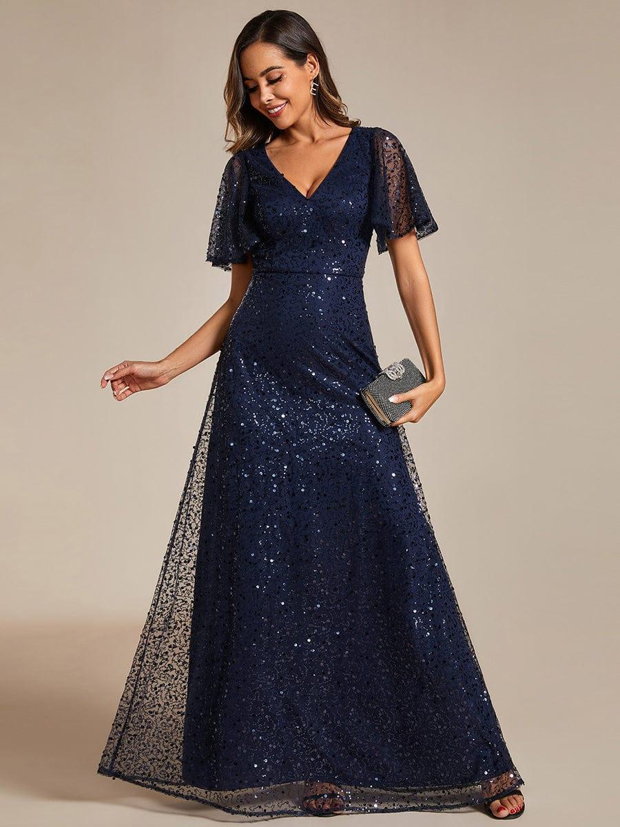 ever ARIA|V-Neck Sequined A-Line Evening Dresses with Ruffles Sleeves - Image 9