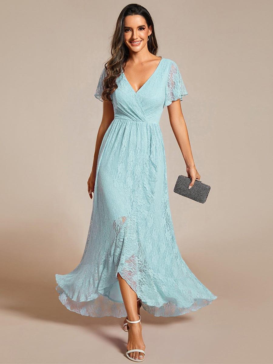 ever ELISE|V-Neck Short Sleeve Pleated Ruffled Lace Evening Dress - Image 101