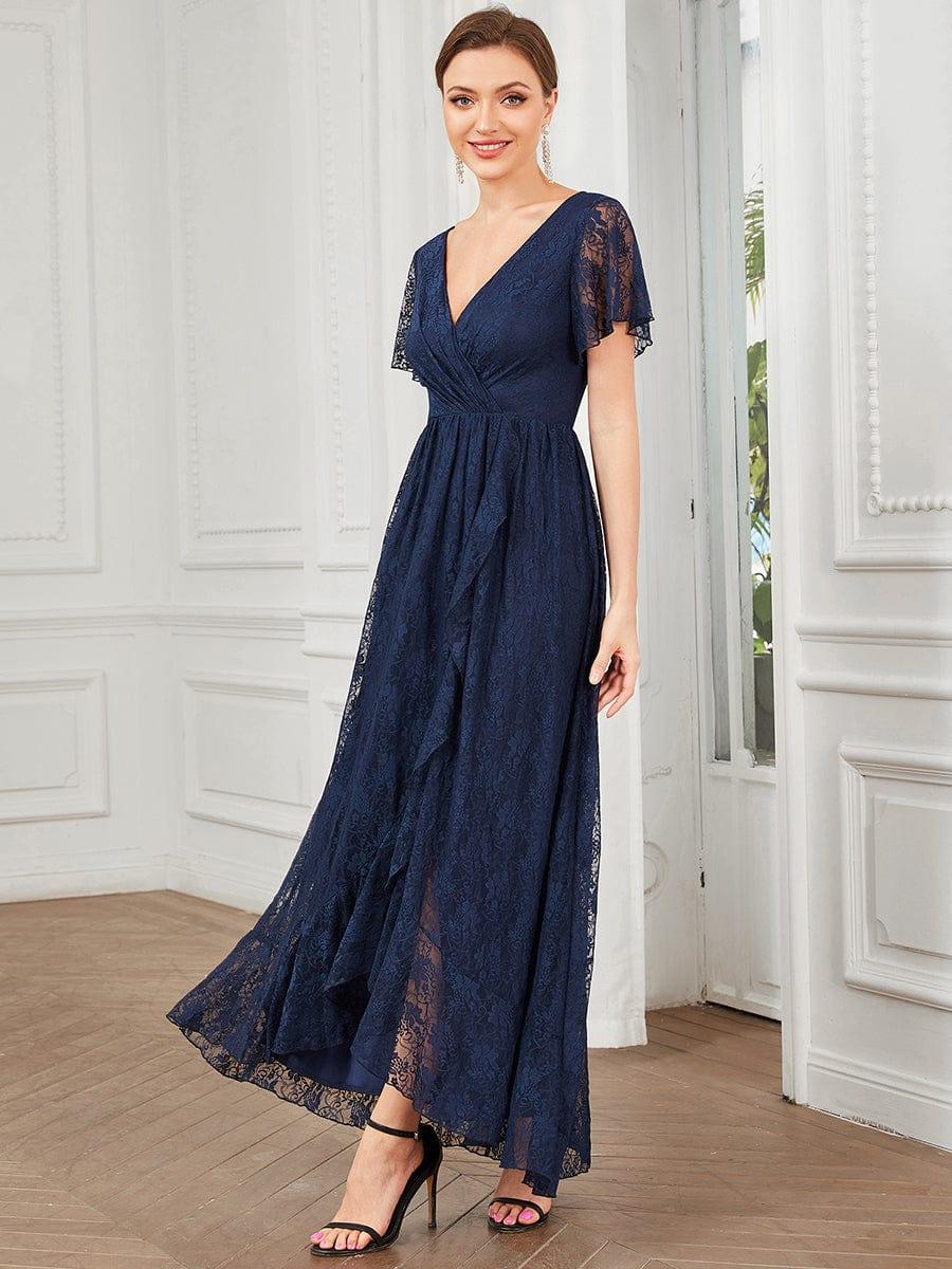ever ELISE|V-Neck Short Sleeve Pleated Ruffled Lace Evening Dress - Image 11