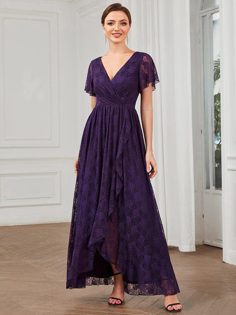 ever ELISE|V-Neck Short Sleeve Pleated Ruffled Lace Evening Dress - Image 23