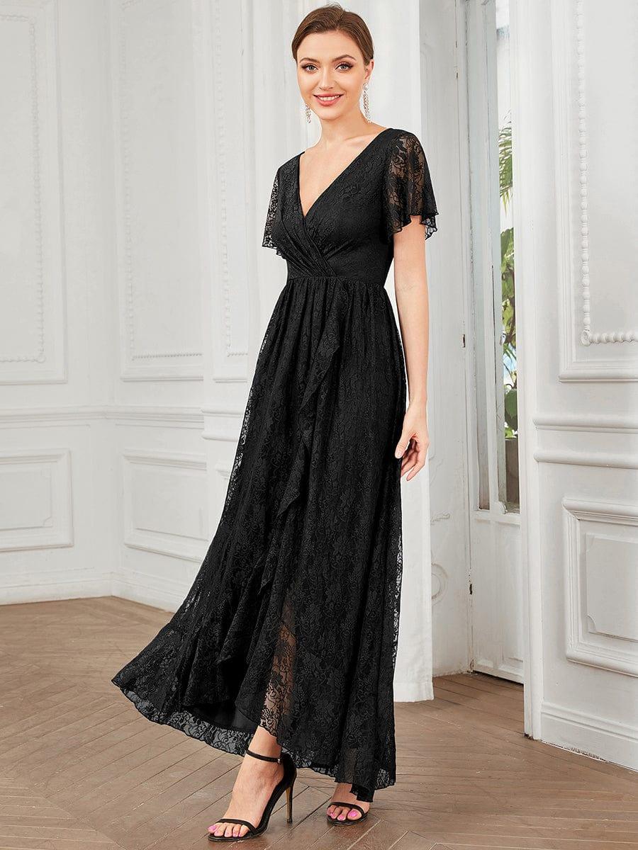 ever ELISE|V-Neck Short Sleeve Pleated Ruffled Lace Evening Dress - Image 3