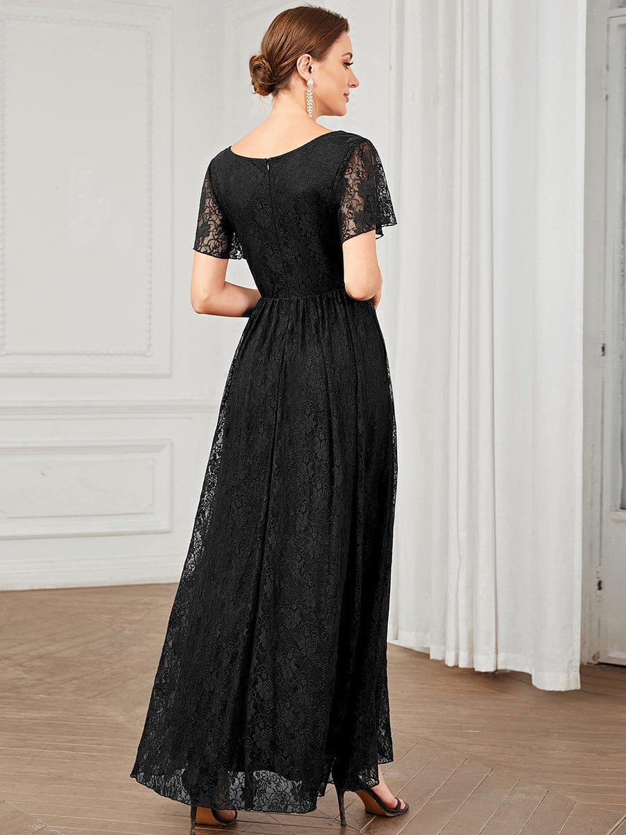 ever ELISE|V-Neck Short Sleeve Pleated Ruffled Lace Evening Dress - Image 4