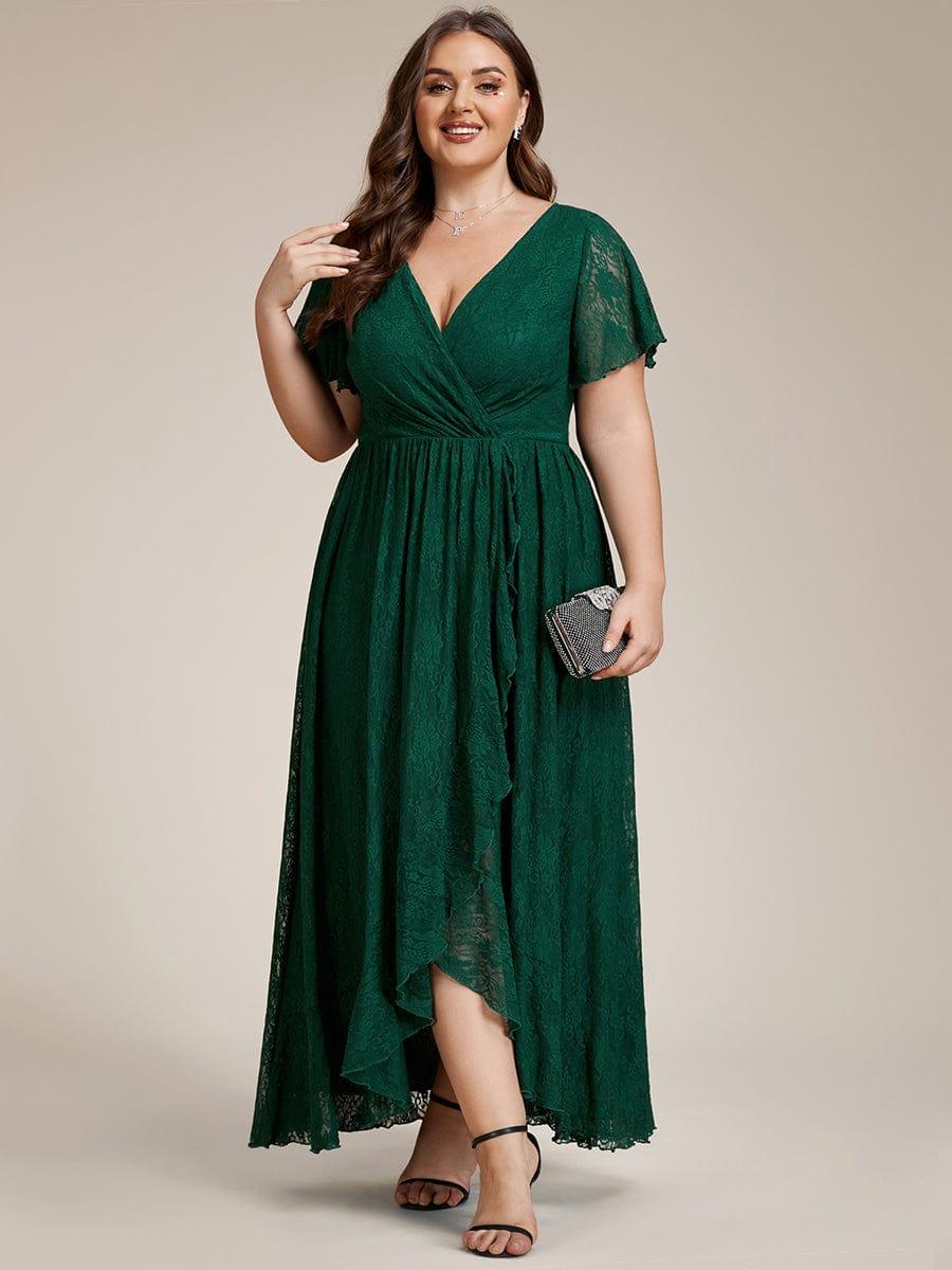 ever ELISE|V-Neck Short Sleeve Pleated Ruffled Lace Evening Dress - Image 55