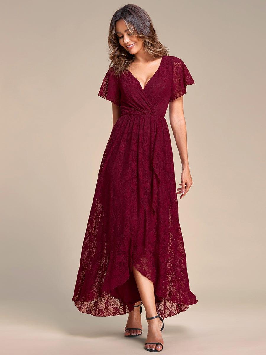 ever ELISE|V-Neck Short Sleeve Pleated Ruffled Lace Evening Dress - Image 58