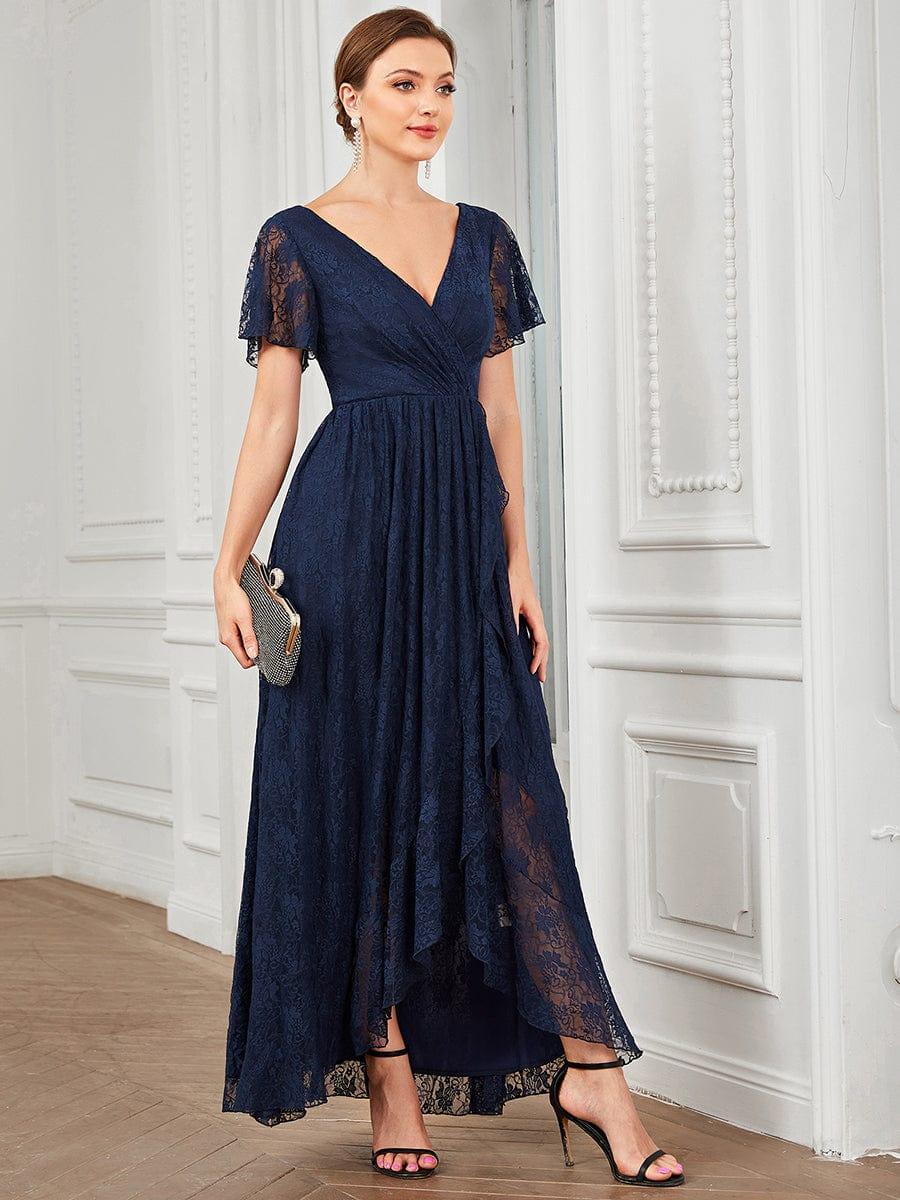 ever ELISE|V-Neck Short Sleeve Pleated Ruffled Lace Evening Dress - Image 8