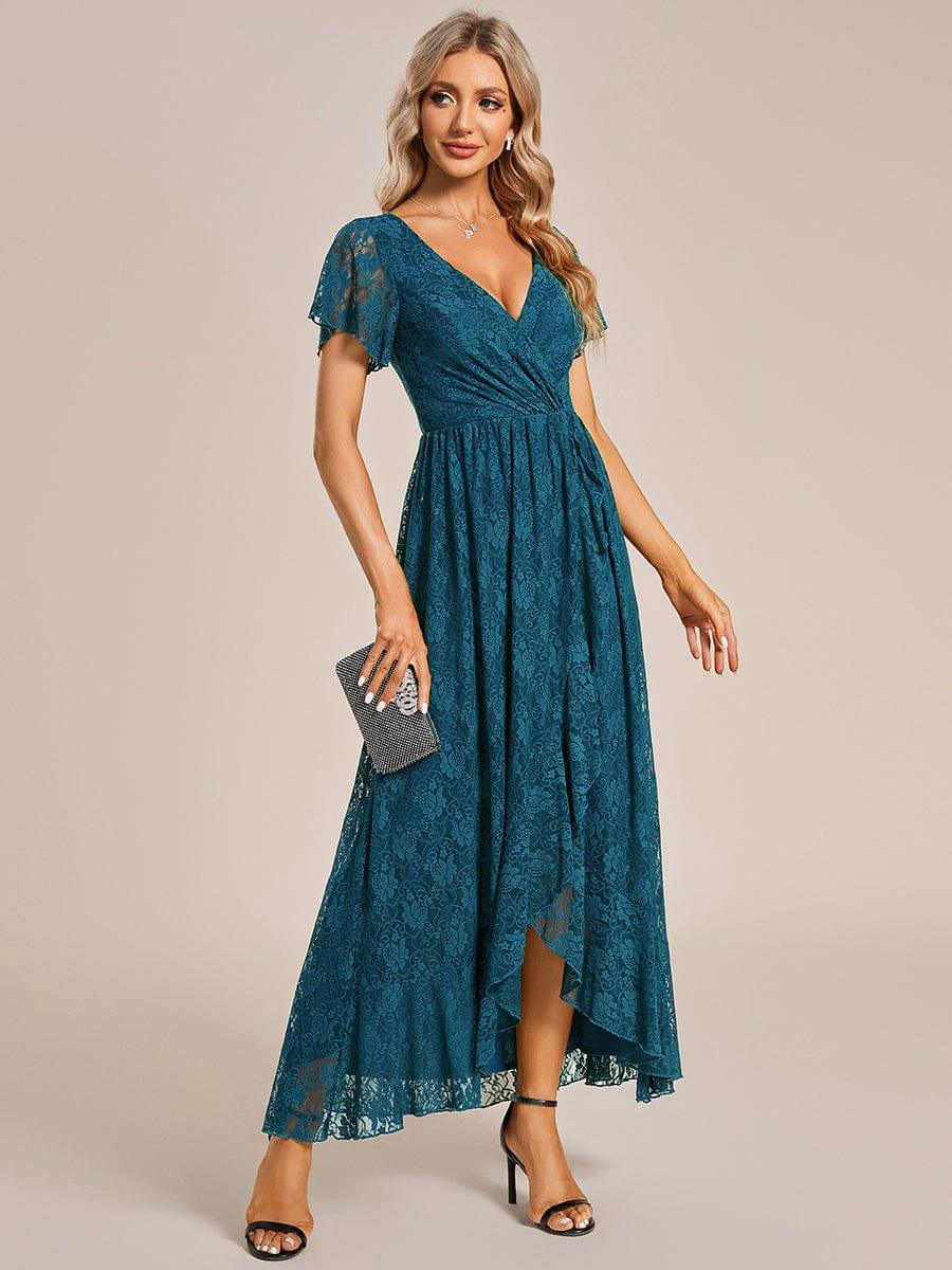 ever ELISE|V-Neck Short Sleeve Pleated Ruffled Lace Evening Dress - Image 89