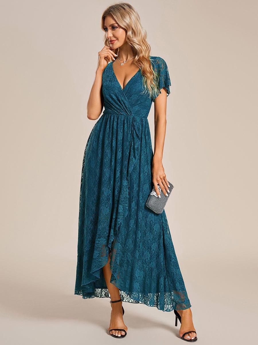 ever ELISE|V-Neck Short Sleeve Pleated Ruffled Lace Evening Dress - Image 92