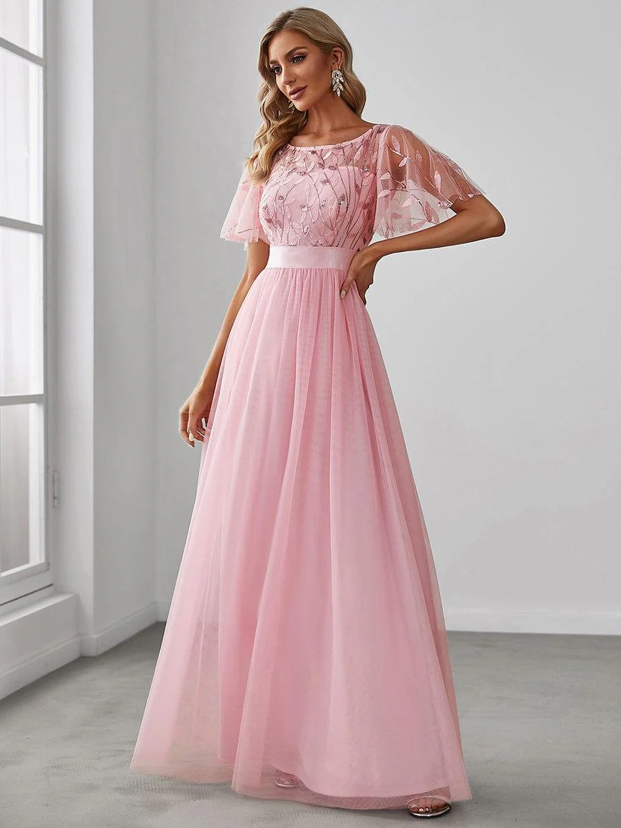 ever SAPHIR|Women's A-Line Short Sleeve Embroidery Floor Length Dresses In Pink - Image 4