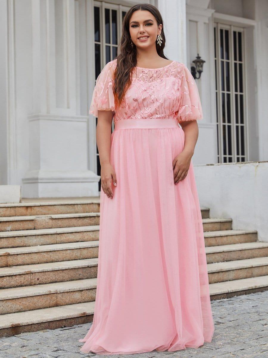 ever SAPHIR|Women's A-Line Short Sleeve Embroidery Floor Length Dresses In Pink - Image 5