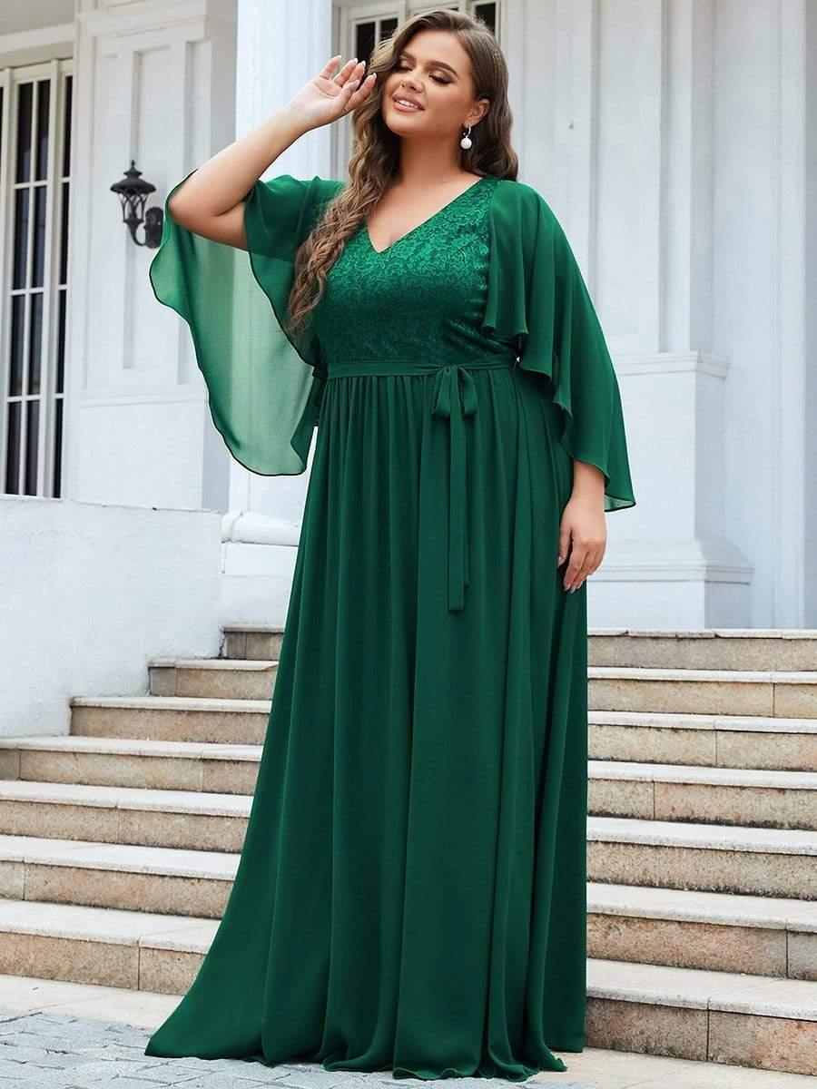 Women's Floor Length Deep V Neck Plus Size Evening Dress with Lace - Image 13